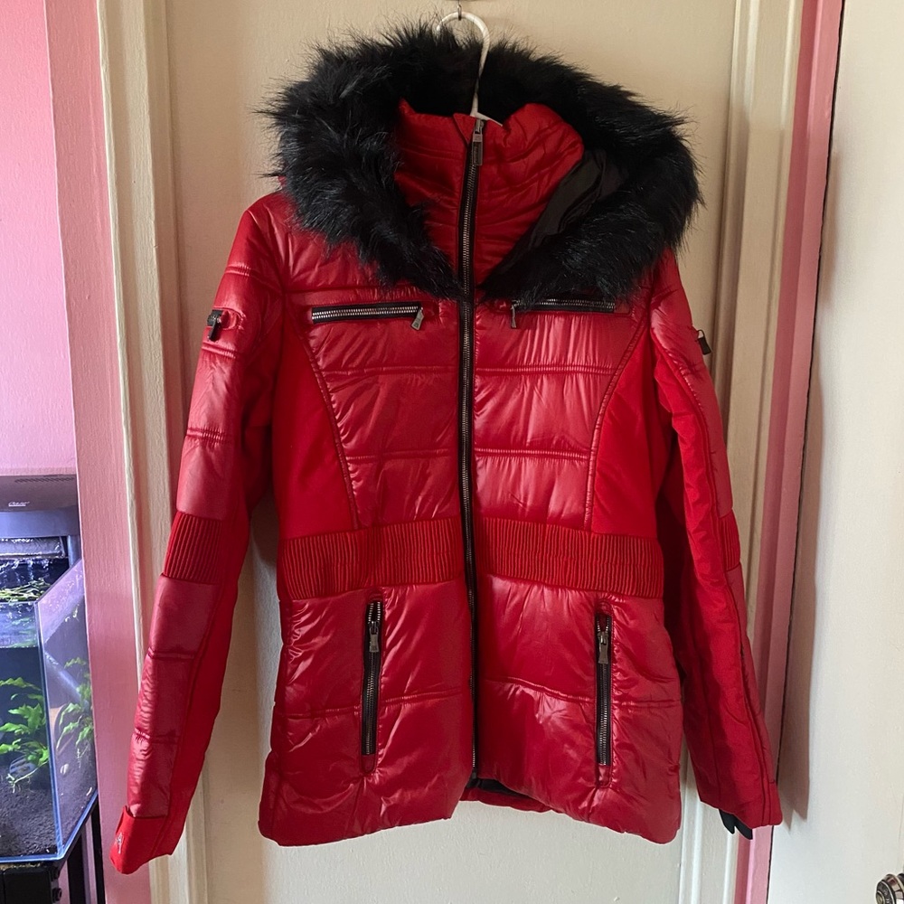 Avalanche Outdoors Supply Company Red Puffer Jacket with Black Faux Fur Trim